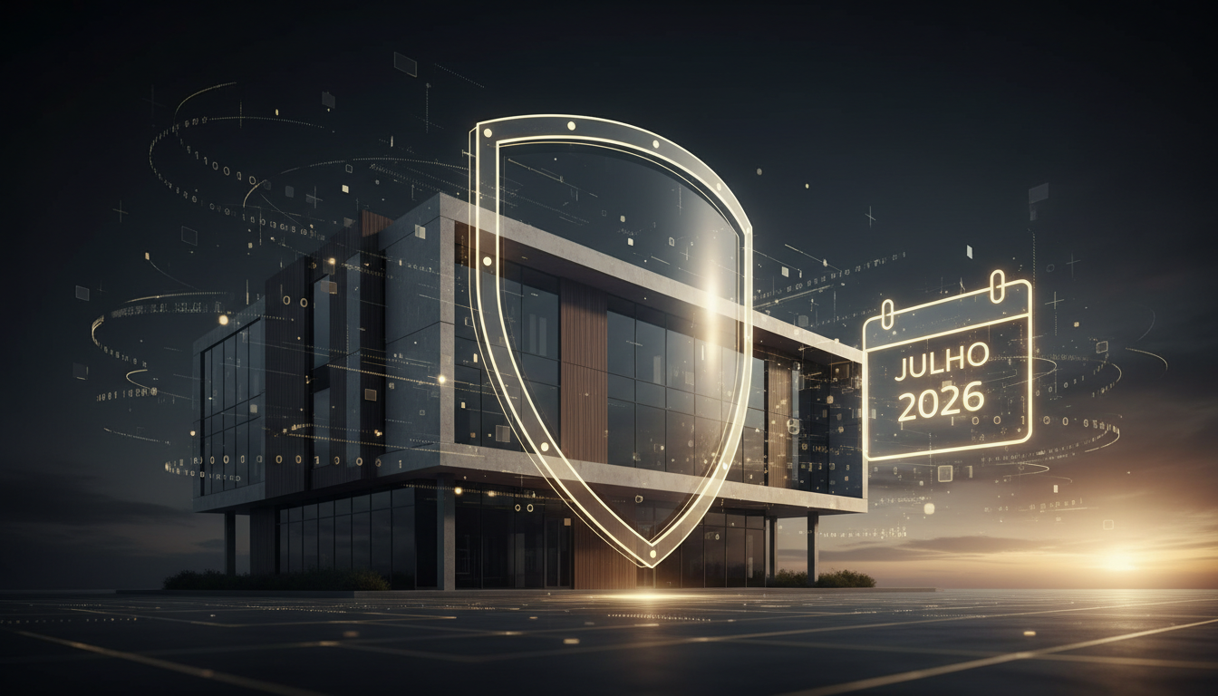 A digital illustration showing a Portuguese small to medium-sized enterprise (PME) building with a digital shield protecting it, surrounded by data streams and a calendar highlighting July 2026. The style should be modern, clean, and professional, with a sense of urgency and security.