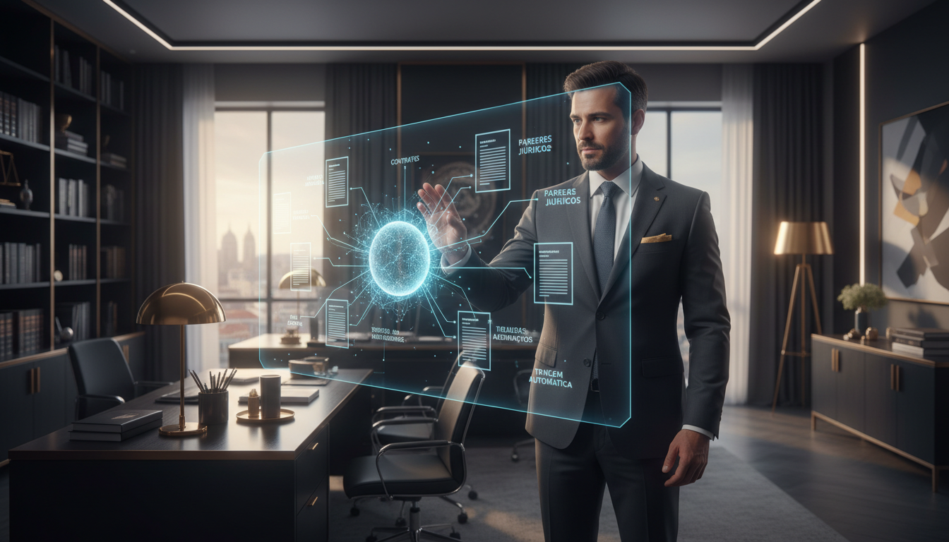 Um escritório de advogados moderno em Portugal, com um advogado a interagir com um ecrã holográfico que mostra documentos jurídicos a serem analisados e categorizados por inteligência artificial. A imagem deve transmitir inovação, eficiência e a integração harmoniosa da tecnologia no ambiente jurídico.