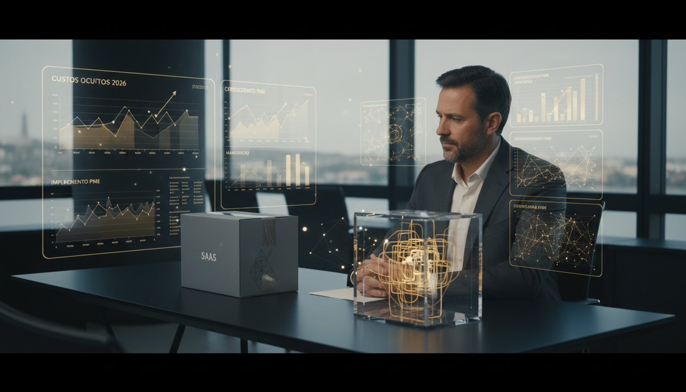 A comparison between a generic, off-the-shelf software box and a custom-built, tailored software solution, with a Portuguese PME owner looking thoughtfully at both options, surrounded by data charts and financial projections. The setting is a modern, clean office in Portugal, with elements of digital technology and growth.
