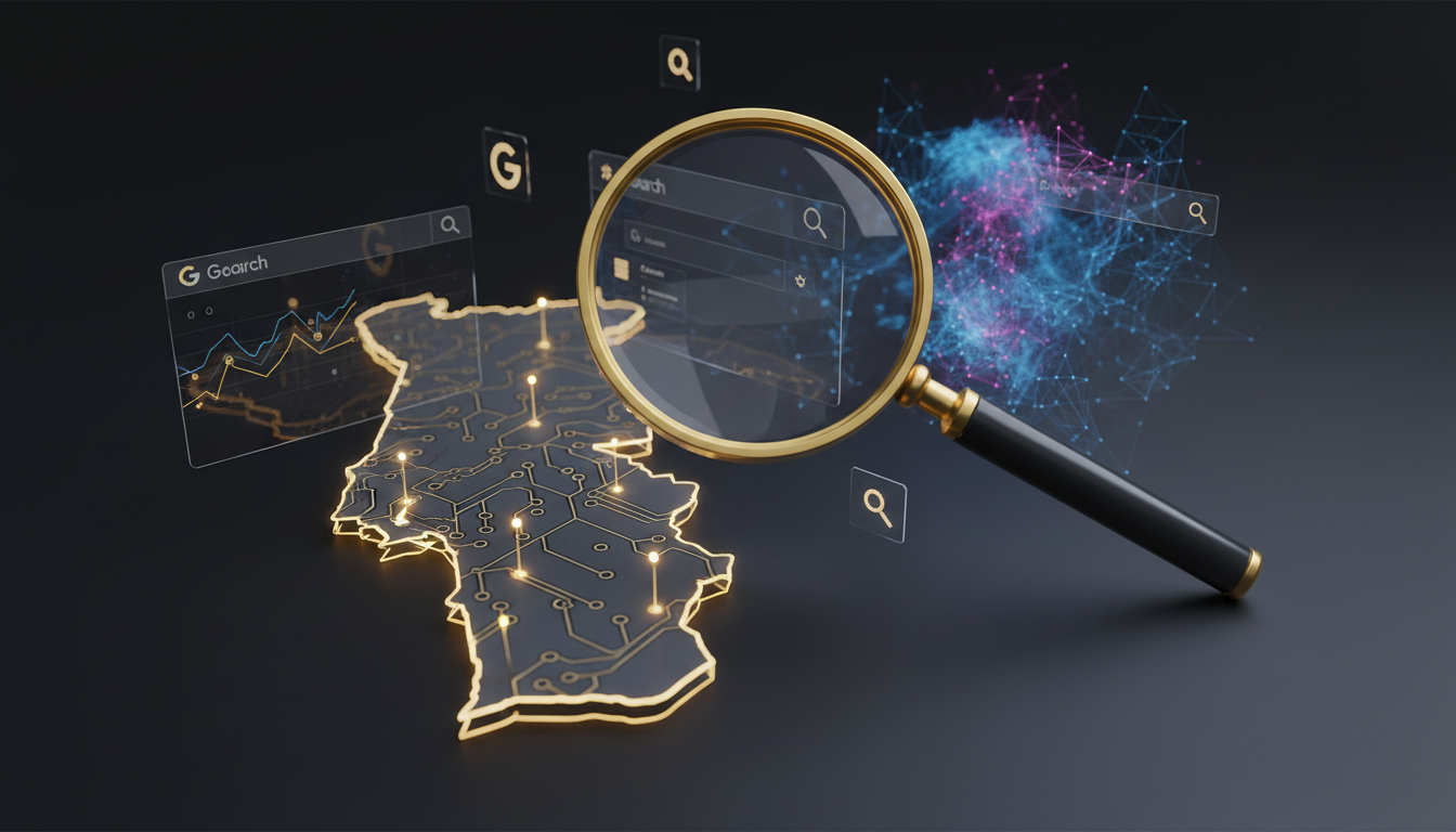 Futuristic digital landscape with a magnifying glass hovering over a map of Portugal, highlighting small businesses, with subtle AI elements and Google Search interface icons in the background, vibrant and clear.