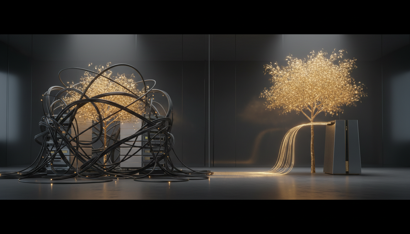 An abstract image depicting a business struggling with tangled, generic software wires, contrasted with a streamlined, custom-built digital system, symbolizing growth and efficiency. Focus on a modern, clean aesthetic with a subtle nod to Portuguese business context.