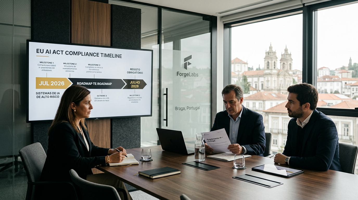 A professional office setting in Braga, Portugal, showing a modern meeting room with a digital screen displaying a compliance timeline and 'EU AI Act' text, minimalist and corporate style.