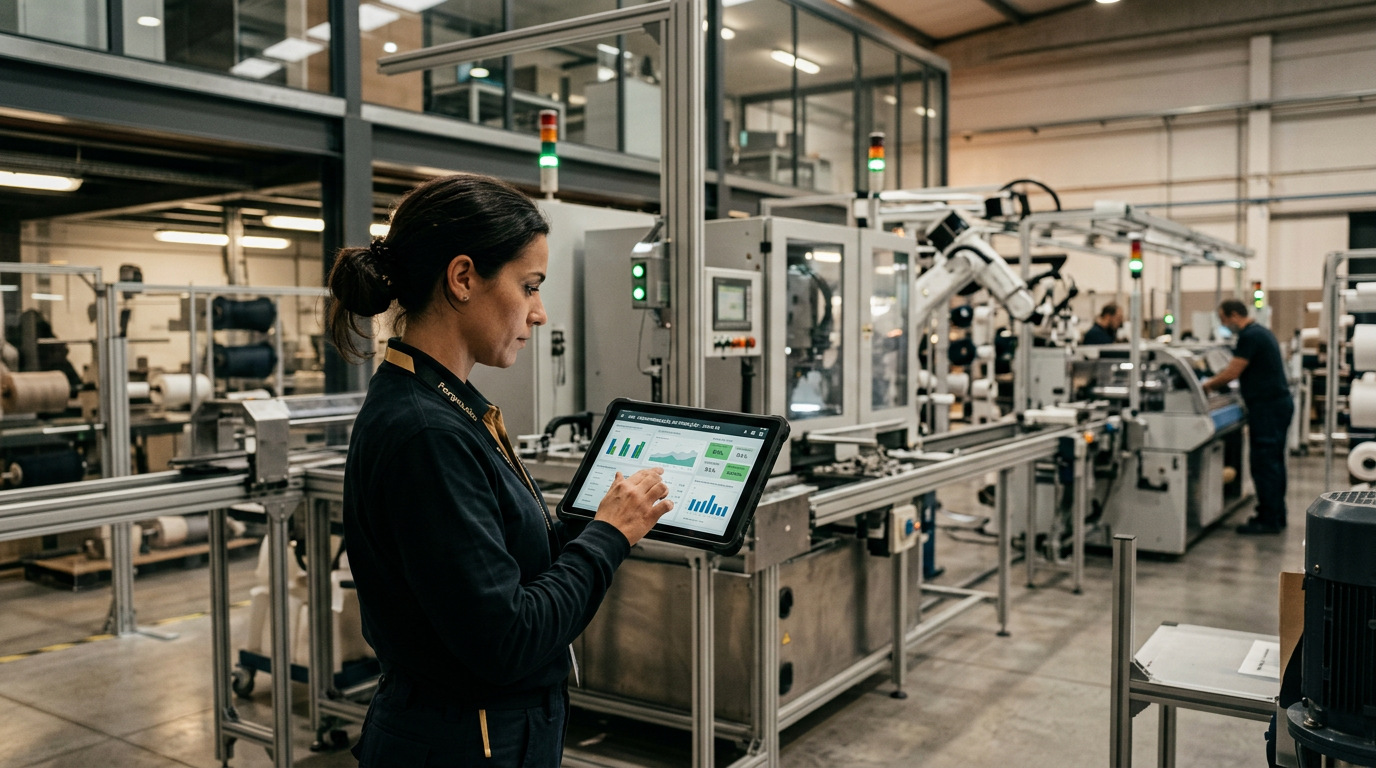 A modern industrial shop floor in Northern Portugal, featuring high-tech machinery and a worker using a sleek digital tablet interface to monitor production metrics, cinematic lighting, professional photography, focus on the integration of technology and traditional industry.