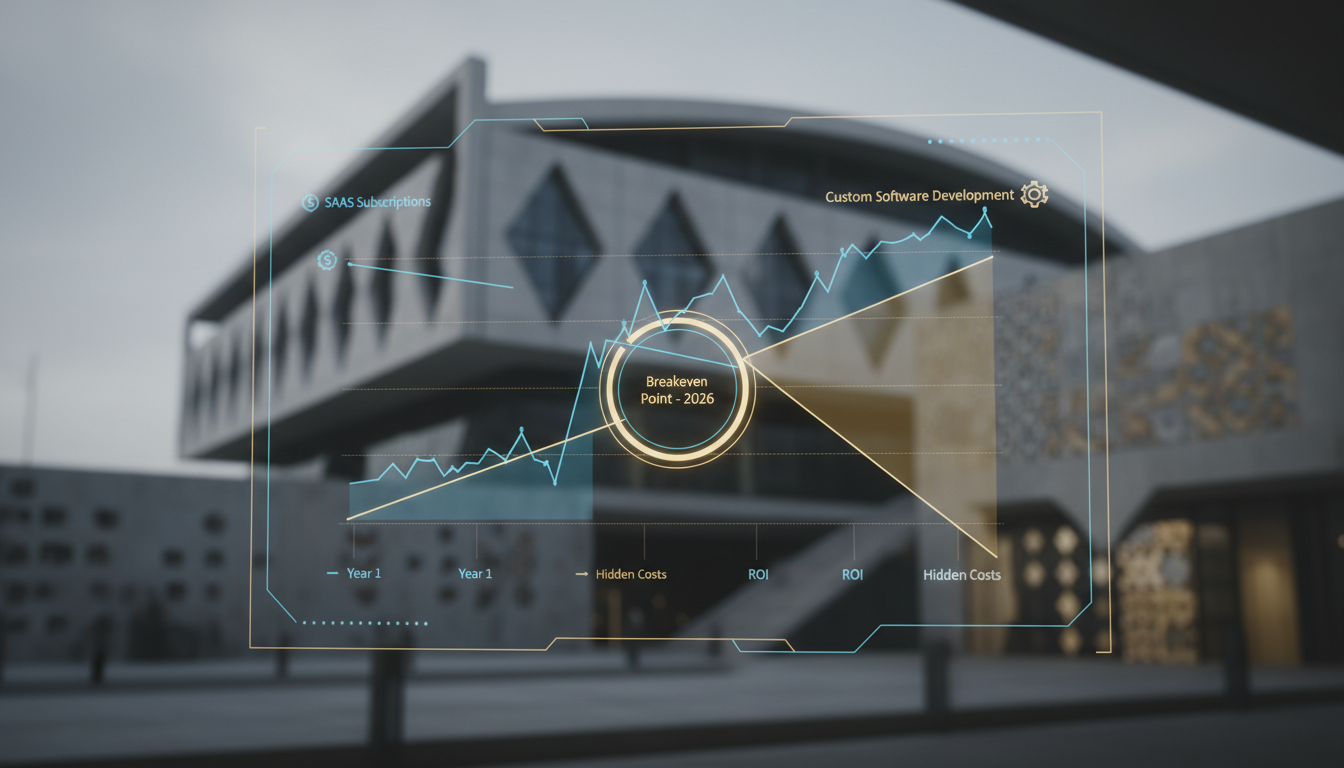 A futuristic digital interface displaying a cost comparison graph between SaaS subscriptions and custom software development, with a focus on ROI and hidden costs. The graph should show increasing SaaS costs over time versus a higher initial but flatter long-term cost for custom software. Include subtle elements of Portuguese architecture or landscape in the background, like a modern building in Braga or Lisbon. The overall tone should be professional and analytical, suitable for business decisi
