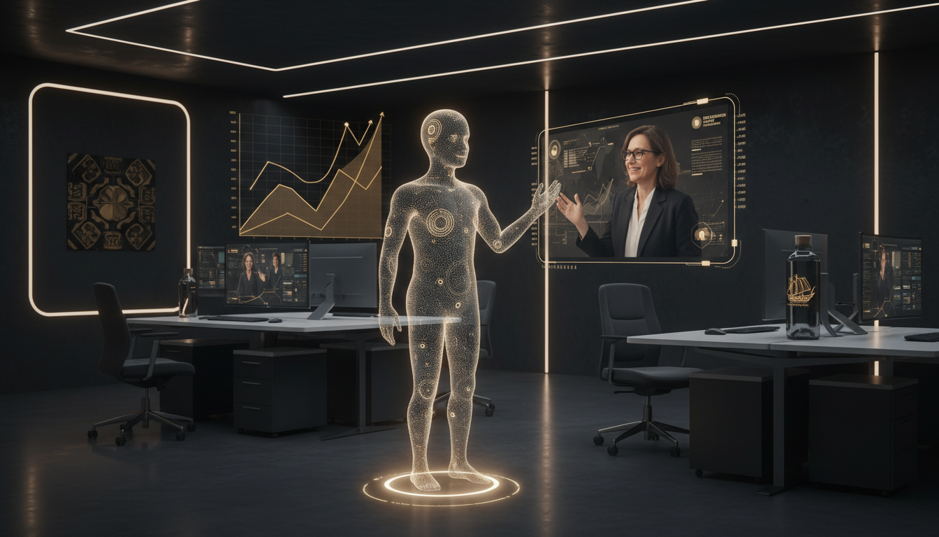 Um agente de IA futurista, representado por um holograma amigável, a interagir com um cliente satisfeito num ecrã, com gráficos de retenção de clientes a subir ao fundo. Ambiente de escritório moderno e digital, com elementos subtis de Portugal.