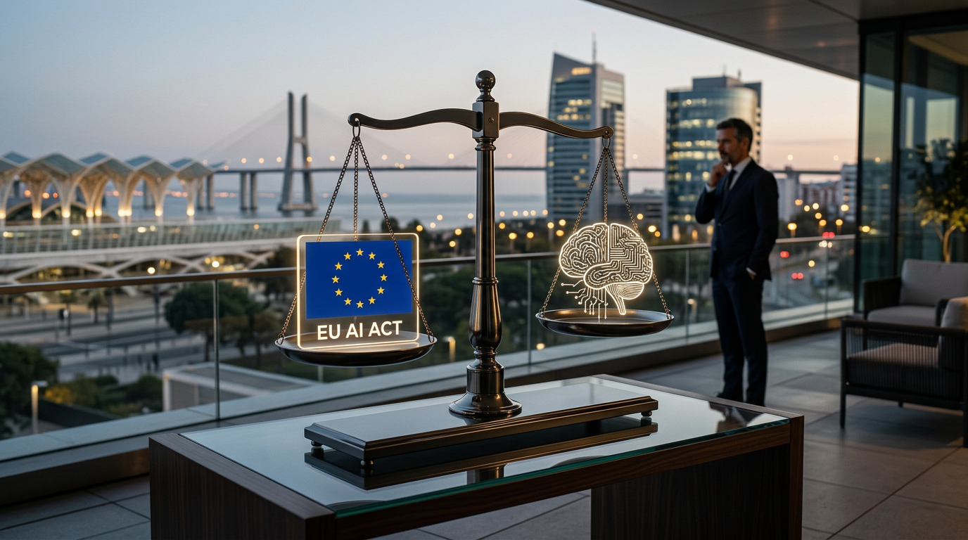 A professional and modern conceptual image representing the EU AI Act in Portugal. A digital balance scale with the EU flag on one side and a glowing brain/circuitry icon on the other, set against a backdrop of a modern Portuguese business district like Parque das Nações. High-tech, clean, corporate aesthetic, 4k resolution.