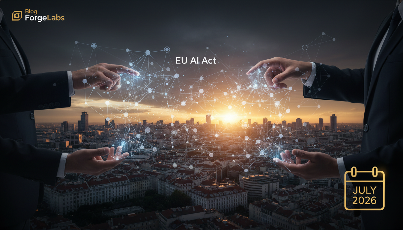 A futuristic, ethical AI system represented by a glowing, interconnected network of data and human hands interacting with it, set against a backdrop of a modern Portuguese city skyline at dawn. The image should convey trust, innovation, and compliance, with a subtle nod to the July 2026 deadline.