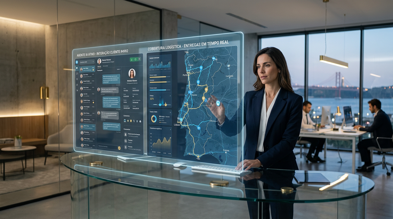 A high-tech, professional office setting in Portugal with a futuristic digital interface showing an AI agent interacting with a customer database and a logistics map, clean minimalist aesthetic, corporate blue and white tones.