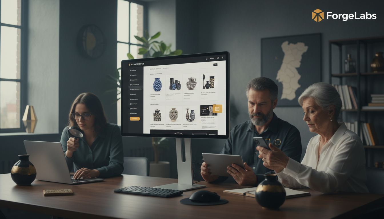 A modern, inclusive e accessible e-commerce website interface, with diverse users interacting seamlessly. Focus on clean design, clear navigation, and elements that suggest accessibility features like alt text, captions, and keyboard navigation. Use a color palette that evokes trust and innovation, with a subtle Portuguese cultural reference if possible.