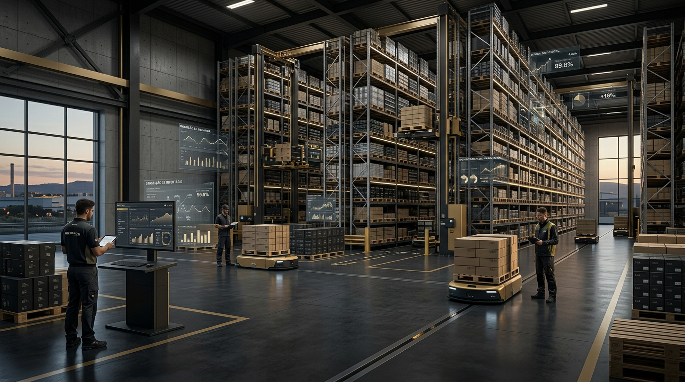 A modern, high-tech warehouse in Portugal with automated shelving systems, digital overlays showing data analytics and AI stock predictions, professional atmosphere, 4k, cinematic lighting.