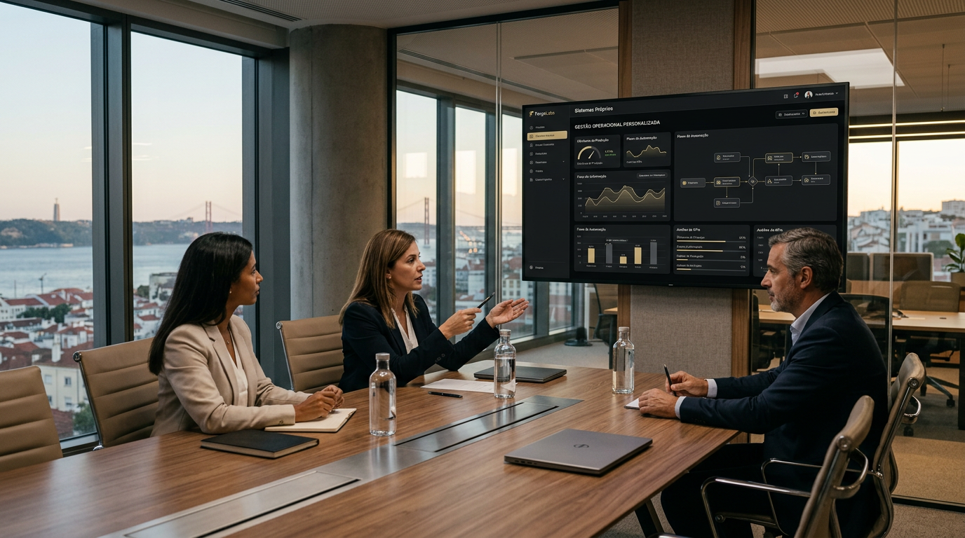 A high-tech, professional office setting in Portugal with a clean, modern interface of a custom software dashboard displayed on a large screen, showing data analytics and automation flows, soft natural lighting, cinematic style, 8k.