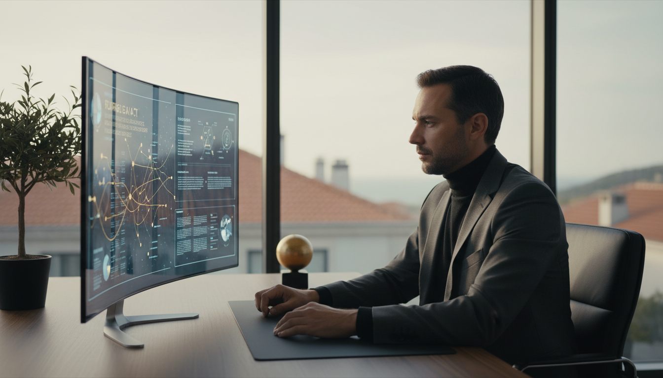 Digital marketing professional in Portugal looking at a screen with AI-generated content, with a subtle overlay of EU AI Act regulations. Focus on transparency and compliance. Modern, clean aesthetic, European style.