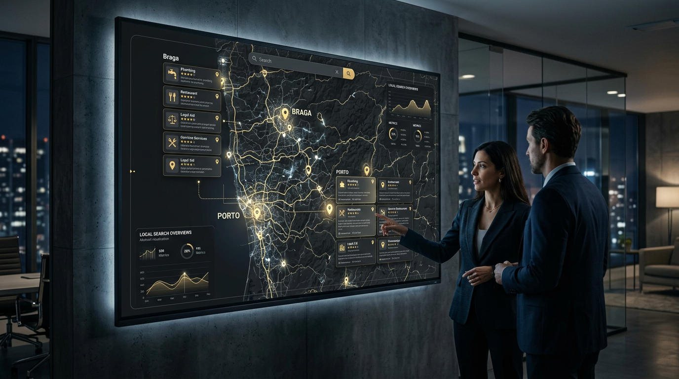 A high-tech digital map of the Braga and Porto region with glowing data nodes and a futuristic Google search interface showing AI-generated service cards. Professional, clean, corporate aesthetic.