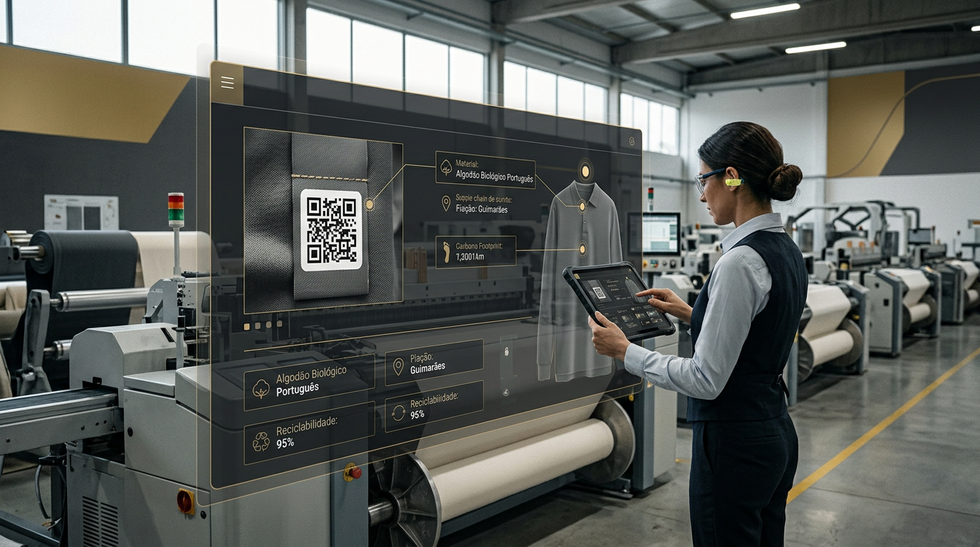 A high-tech industrial setting in Portugal, showing a digital interface overlaying a textile production line, featuring a QR code and data visualization of product lifecycle, professional and futuristic atmosphere, 8k resolution.