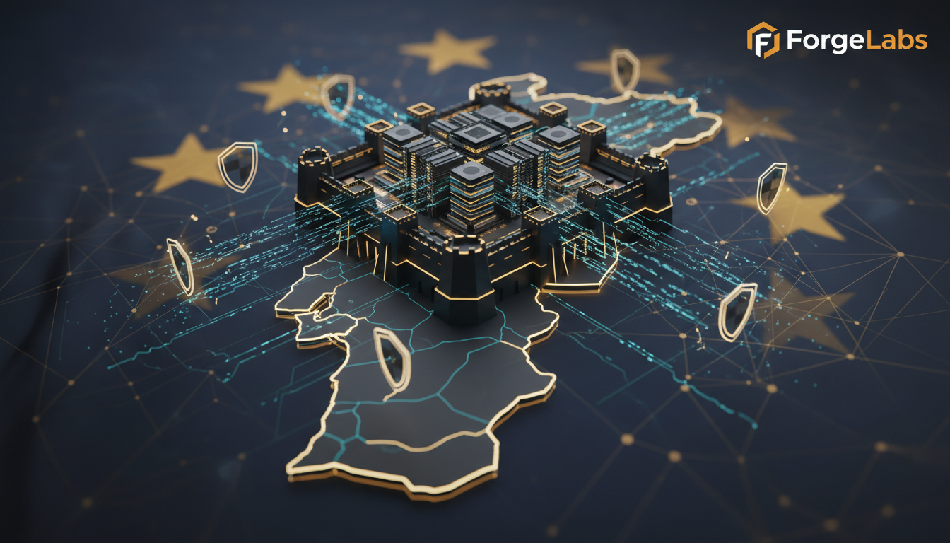 A conceptual image showing data flowing into a secure, fortress-like data center located within a map outline of Portugal, with digital shields and a European Union flag subtly in the background, representing data sovereignty and protection.