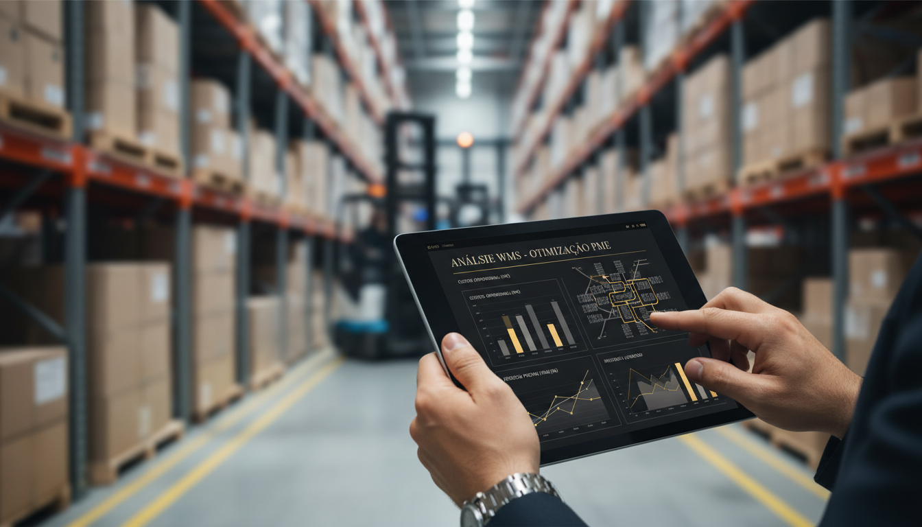 Análise de dados de armazém em um tablet, com caixas e empilhadores desfocados ao fundo, simbolizando a otimização logística em uma PME portuguesa.