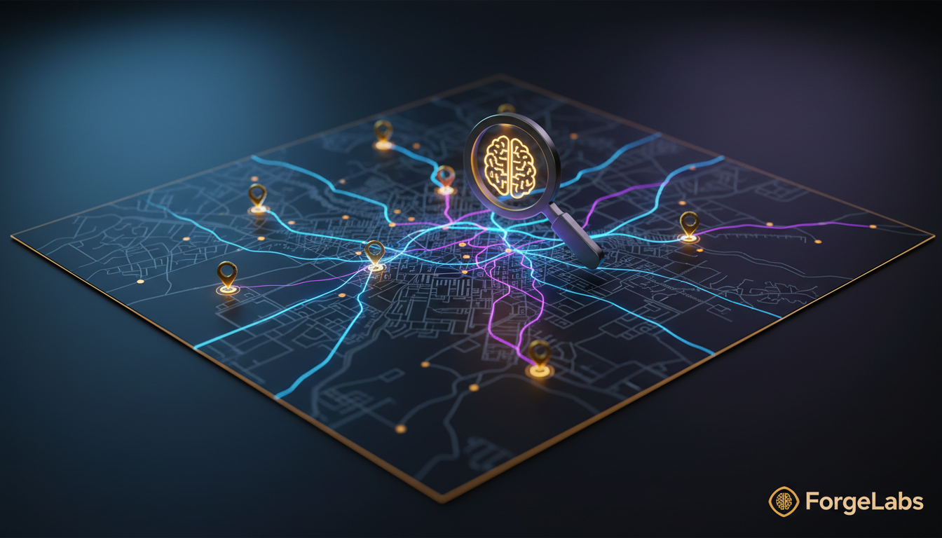 A futuristic digital map of Braga and Porto, overlaid with glowing AI neural network lines, highlighting local businesses. A magnifying glass icon with an AI brain symbol hovers over the map, representing AI-driven local search. The background is a soft gradient of blue and purple, suggesting technology and innovation.