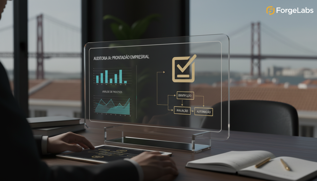 A professional and modern office setting in Portugal, showing a digital dashboard with data visualizations and a checklist icon, symbolizing AI audit and business automation, clean aesthetic, high-tech atmosphere.