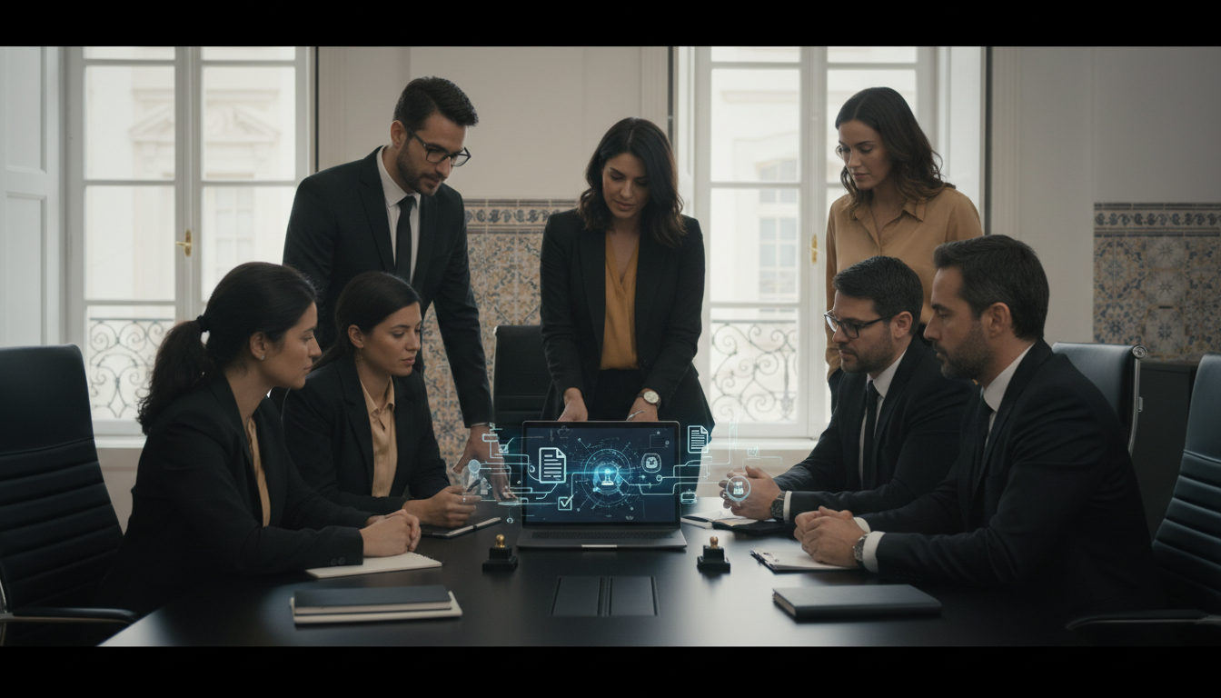 A modern, clean office environment in Portugal, with a diverse team of professionals (some in business attire, some more casual) gathered around a table, looking at a tablet or laptop. On the screen, there are abstract representations of AI concepts and legal documents. The overall mood is collaborative and focused, conveying strategic planning and compliance. Soft, natural light fills the room. Portuguese architectural elements subtly visible in the background.