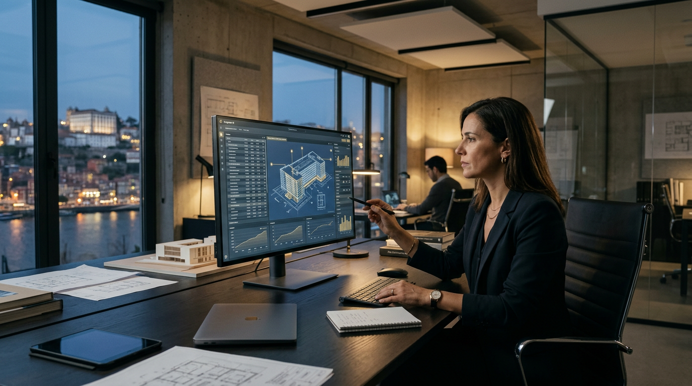 A high-tech engineering office in Portugal, a professional engineer reviewing a complex construction budget on a large screen where an AI agent is highlighting data from a PDF blueprint, clean modern aesthetic, professional lighting, 8k.