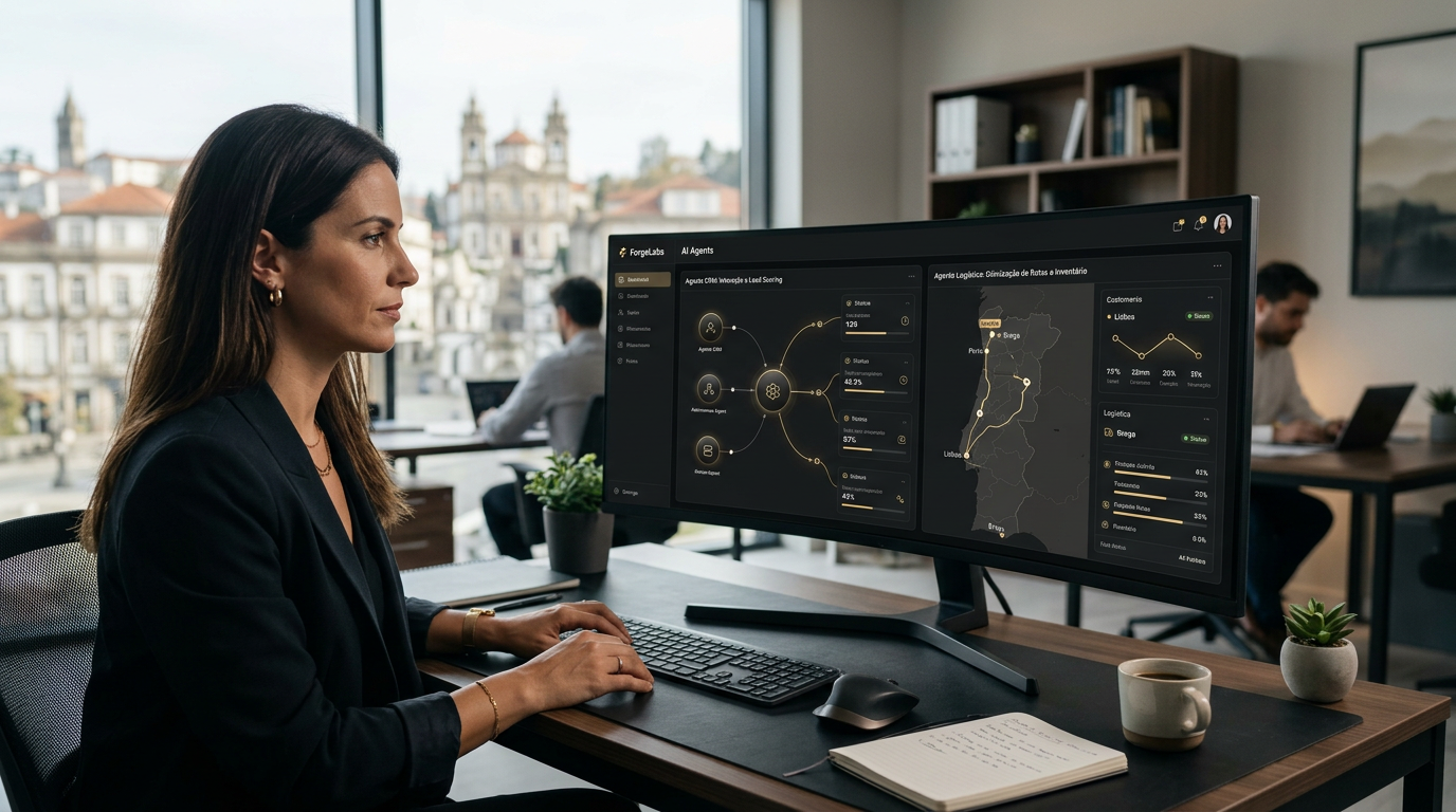 A professional, modern workspace in Braga, Portugal, featuring a clean digital interface showing autonomous AI agents interacting with a CRM and logistics dashboard, high-tech aesthetic, soft lighting, professional atmosphere.