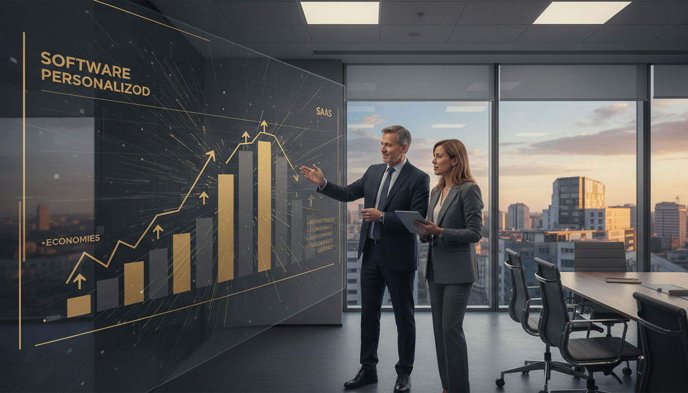 Um gráfico comparativo de ROI entre soluções SaaS e software personalizado, com setas ascendentes para o software personalizado e descendentes para os custos ocultos do SaaS, num ambiente corporativo moderno e digital, com um CEO e CFO a analisar os dados.
