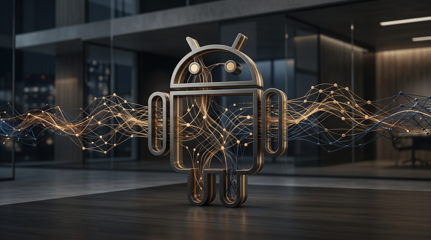 A futuristic representation of the Android operating system logo being integrated with diverse AI neural network patterns, symbolizing openness and interoperability, professional tech style, clean background, 4k.