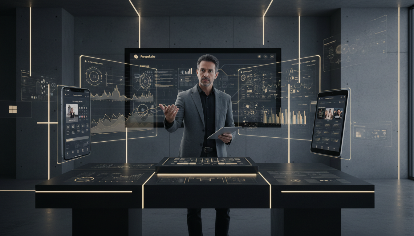 A futuristic e-commerce website interface, sleek and modular, with various digital touchpoints (mobile, tablet, smart display) seamlessly connected, symbolizing the decoupled nature of headless commerce. A Portuguese business professional is looking at a dashboard with analytics, indicating agility and control. The background is clean and modern, with subtle tech elements.