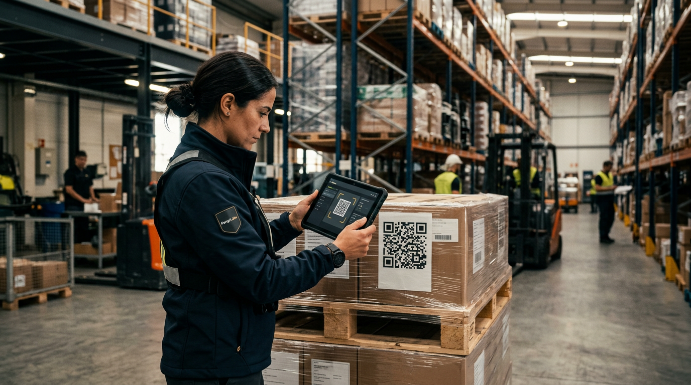 A professional industrial warehouse setting in Portugal, a worker using a modern tablet with a clean business application interface to scan a QR code on a pallet, high-tech logistics environment, cinematic lighting, 8k resolution.