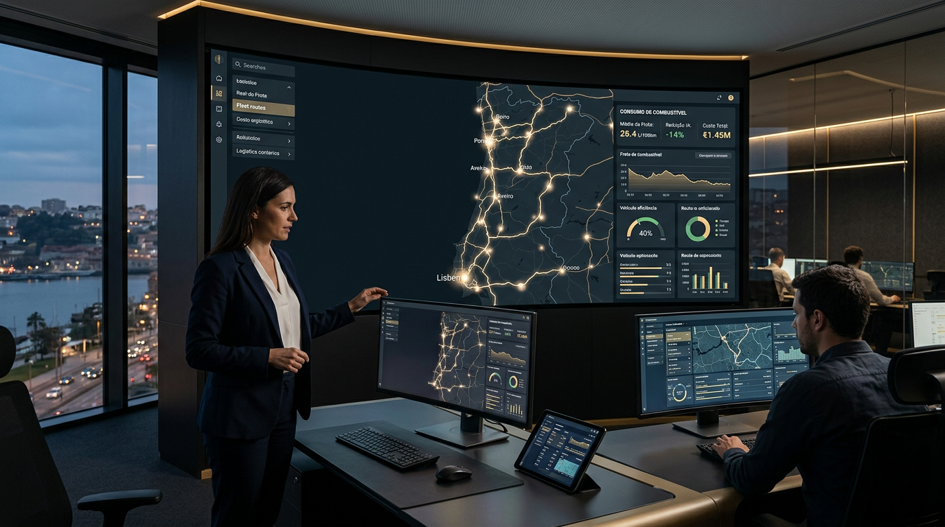 A high-tech logistics control center in Portugal, showing a digital map of the Portuguese road network with glowing AI-optimized routes, professional dashboard with fuel consumption metrics, modern and corporate atmosphere, 4k resolution.