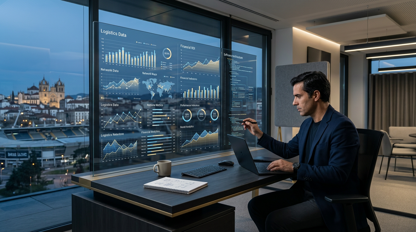A high-tech, professional office setting in Portugal with a view of a modern city like Braga. A digital dashboard showing logistics data, ROI charts, and software code architecture on a large glass screen. Professional atmosphere, clean lines, minimalist aesthetic, 8k resolution.