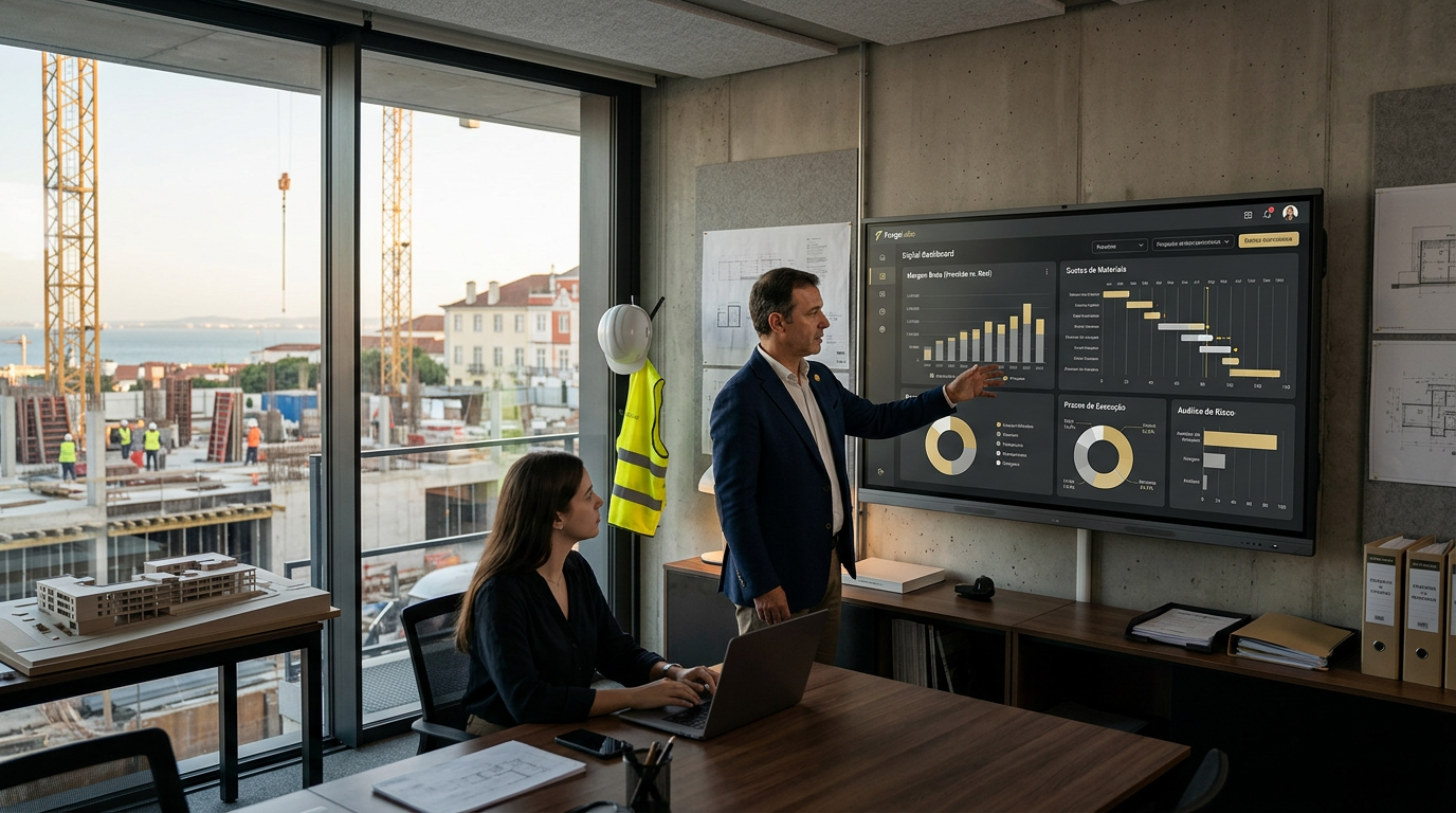 A professional architectural site office in Portugal with a digital dashboard on a screen showing real-time construction cost analytics, charts, and project timelines, with a construction site visible through the window. High-tech, professional, clean aesthetic.