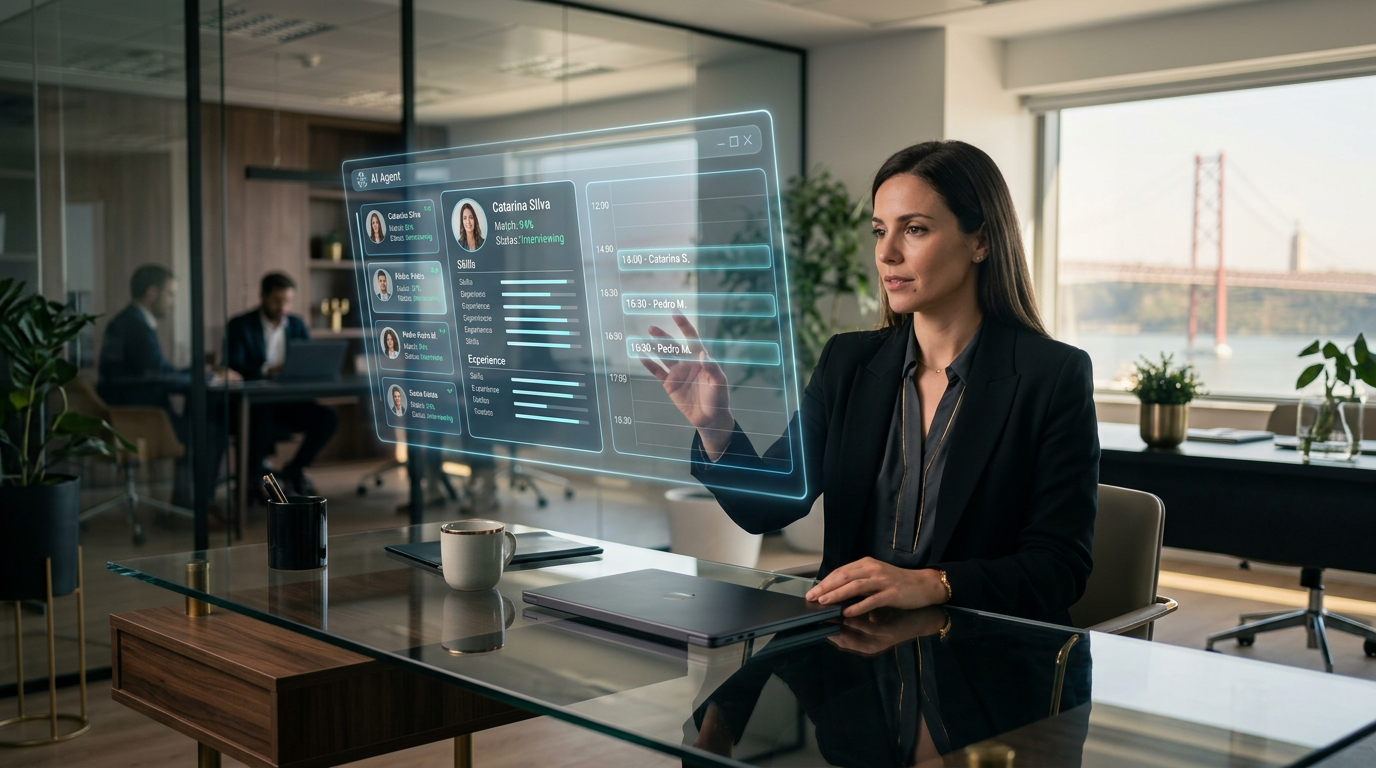A modern office in Portugal with a digital interface showing an AI agent analyzing candidate profiles and scheduling interviews on a holographic calendar, professional and futuristic atmosphere, 4k.
