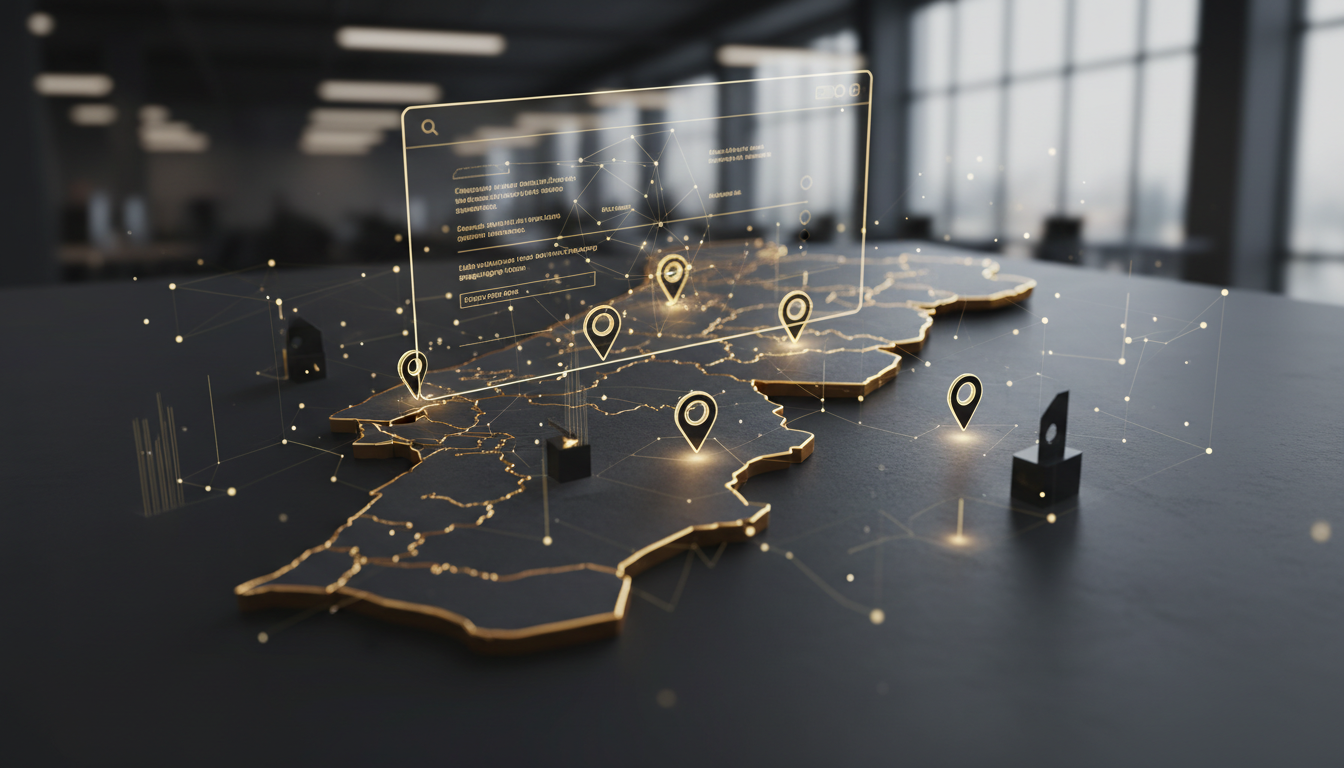 Um mapa de Portugal com ícones de localização e elementos de inteligência artificial sobrepostos, simbolizando a integração de IA no SEO local.