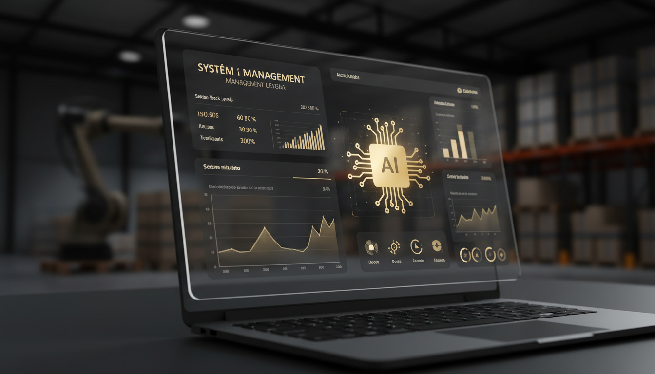 A professional digital illustration of an intelligent warehouse management system dashboard showing real-time stock levels, predictive graphs, and a stylized AI agent icon, with a clean, modern aesthetic suitable for a Portuguese tech company.