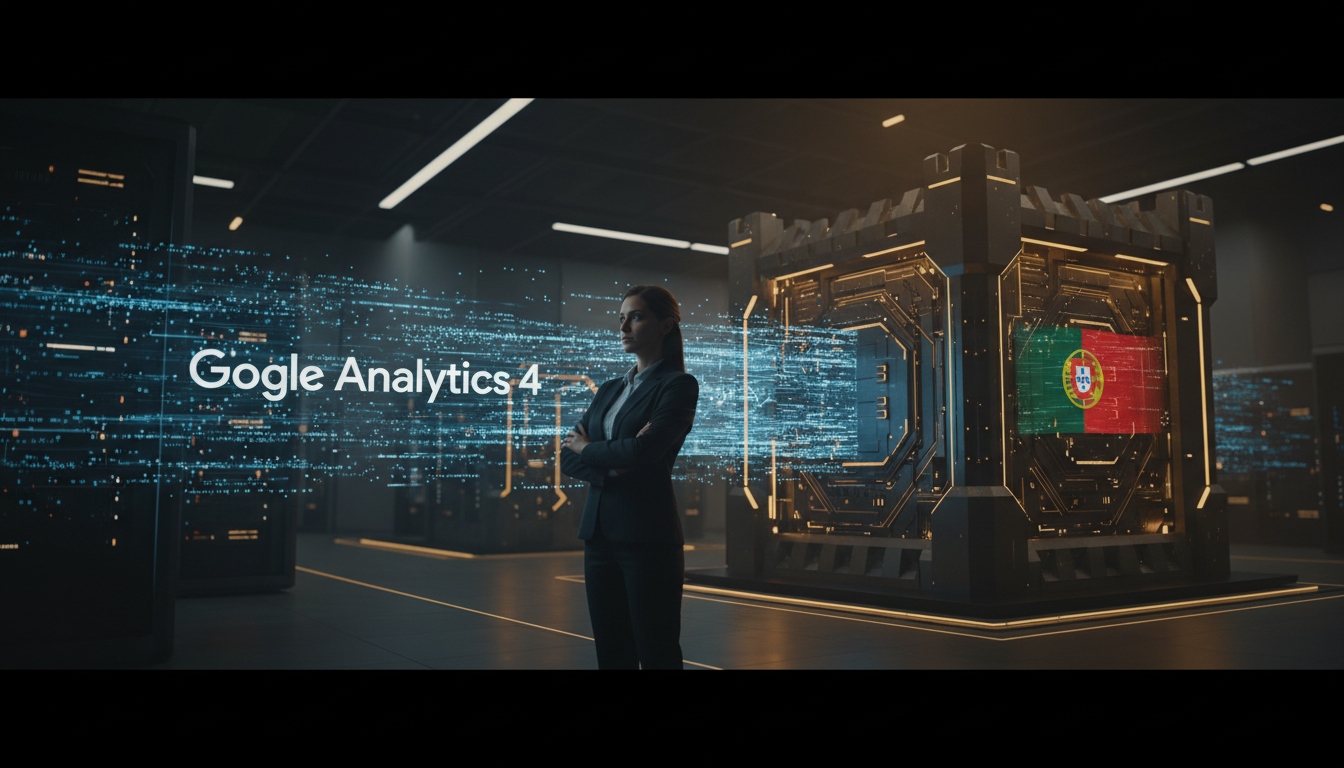 A digital landscape with data flowing into a secure, custom-built data warehouse, with a Portuguese flag subtly integrated, representing data sovereignty. A business executive is confidently overseeing the process.